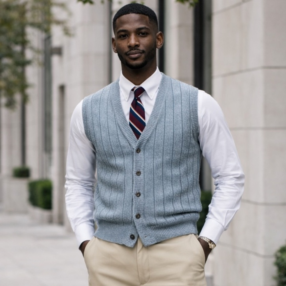 Vintage Saugatuck Ribbed Knit Sweater Vest Button-Up Mens Large Gray Classic